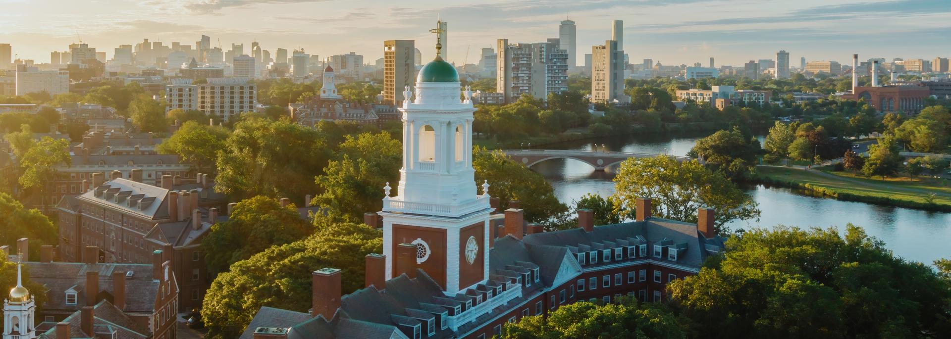 View from Harvard University campus over the Charles River at sunrise.